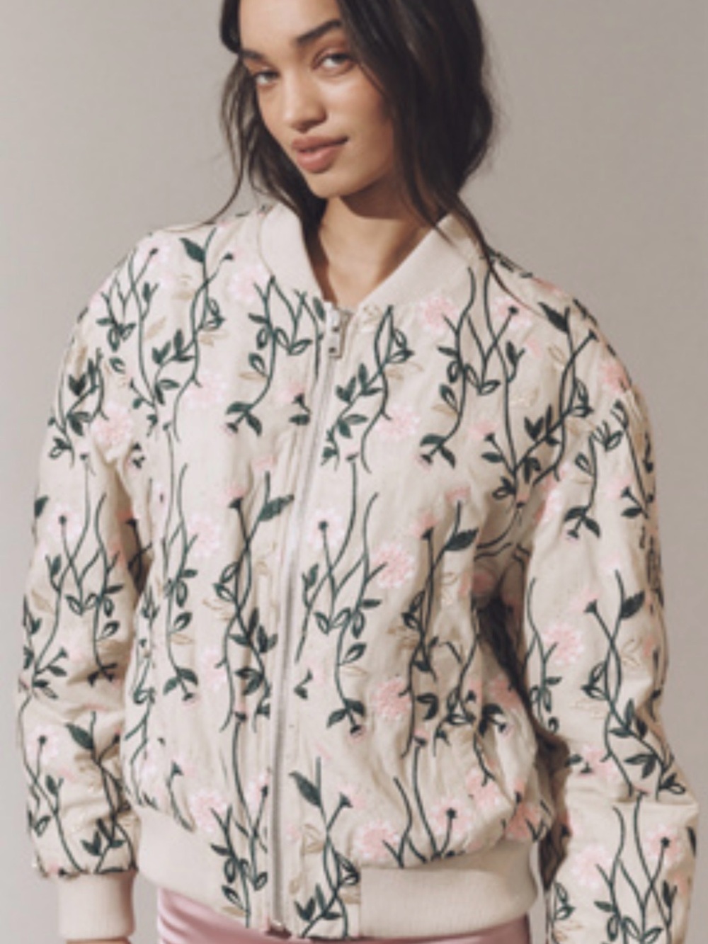 Avec Les Filles Cream Bomber Jacket with Pink & Green Floral Embroidery